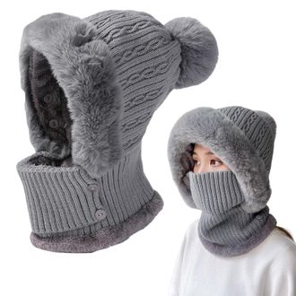 Generic 3 in 1 Beanie Hat with Scarf and Mask,Multi-Functional Knitted Ski Winter Thermal Face Mask for Women,Windproof Balaclava Scarf Adjustable Cable Knit 