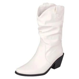 Generic Womens Casual Mid Calf Boots Square Toe High Thick Heel Slip On Design With Pleated Shaft And Non Slip Sole