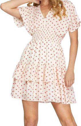 She + Sky Lila Flutter Smocked Mini Dress In Ivory/red