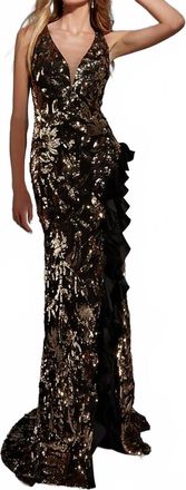 Alyce Paris Ruffle Sequin Plunging Neckline Gown In Black/gold