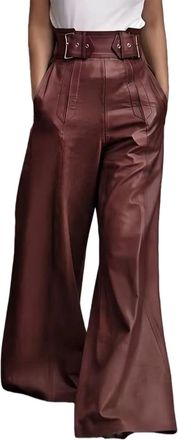Generic Womens Faux Leather Pants, High Waist Pleated Wide Leg Flare Pants with Pockets Stylish Trousers for Going Out Party (Burgundy,XXL)