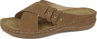 Generic Womens Mules with Footbed Orthopaedic Shoes Womens Flat Slippers Slides Peep Toe Slippers Faux Leather Slippers Non-Slip Summer Shoes Summer Comfortab