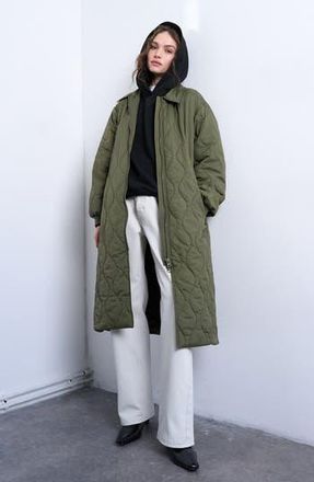 Topshop Belted Quilted Liner Jacket in Medium Green at Nordstrom Rack
