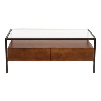 Miliboo Mesa De Centro Rectangular Con Almacenaje En Madera De Mango Maciza Color Oscuro, Vidrio Y Metal Negro L100 Cm Sita