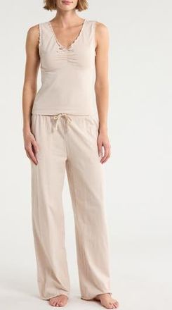 Yogalicious Lettuce Edge Cotton Jersey Long Pajamas in Mist Sand at Nordstrom Rack, Size X-Small