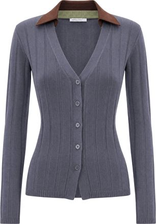 Patrizia Pepe Fitted Ribbed Knit Cardigan with Faux Leather Collar