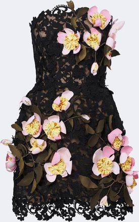 Oscar De La Renta Floral-appliqu&eacute; guipure lace bustier dress