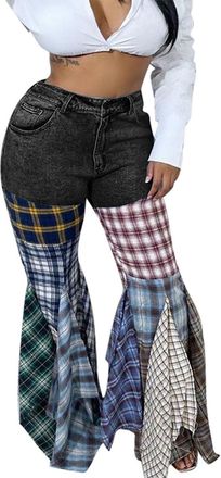 Generic Patchwork Flare Jeans for Women UK High Waist Plaid Bell Bottom Ruffle Hem Denim Trousers Relaxed Fit Wide Leg Pleated Layered Mom Pants Classic Stack