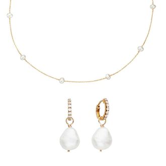 Lily & Roo Gold Pearl Drop Huggies and Ten Pearl Choker Gift Set