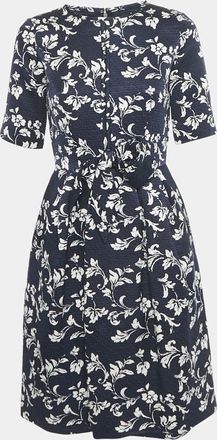 Carolina Herrera Navy Blue Floral Print Jacquard Bow Detail Short Dress