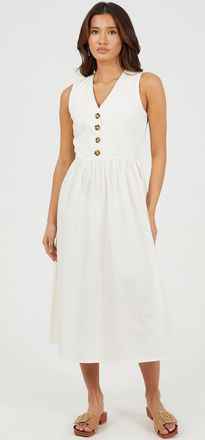 Brave Soul Vestito midi senza maniche color crema con scollo a V e bottoni-Bianco