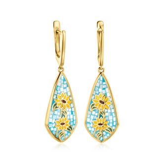 Ross-Simons Mother-Of-Pearl and Multicolored Enamel Sunflower Mosaic Drop Earrings in 18kt Gold Over Sterling
