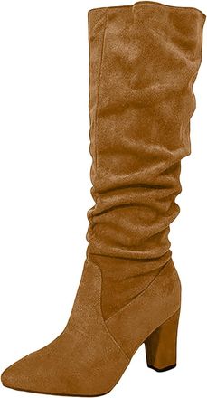 Generic Knee High Boots Women Slouchy Suede Slouch Mid Calf Boots Wide Calf Kitten Heel Pointed Toe Pull On Long Boot Winter Comfortable Casual Work Shoes