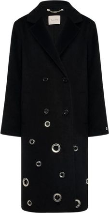 Manila Grace Cappotto Lungo Doppiopetto con Applicazioni Circolari - - Coats - Donna - Nero - M