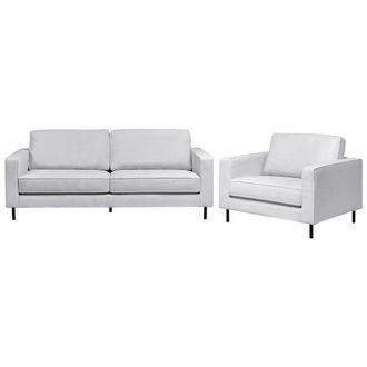Beliani Conjunto De Sala De Estar Moderno 3 Plazas De Tela Sof&aacute; Y Sill&oacute;n Patas De Metal Gris Claro Savalen