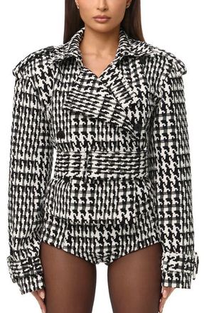 Naked Wardrobe Houndstooth Short Trench Coat in Black/White at Nordstrom, Size X-Large