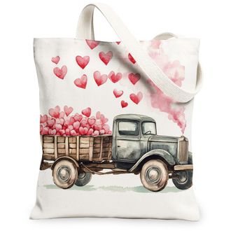 Generic Vintage Truck Canvas Tote Bags, Heart Pattern Reusable Grocery Bags, Spring Floral Lightweight Washable Shoulder Strap Canvas for Travel Outdoor Beach