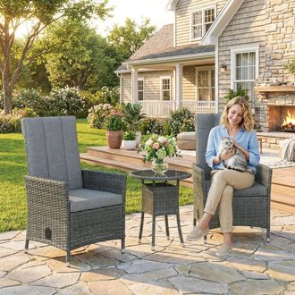 OUTSUNNY Rattan Bistro Set, Reclining Garden Chairs & Table in Grey
