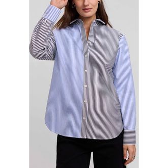 Foxcroft Meghan Colorblock Stripe Cotton Button-Up Shirt in Blue/multi at Nordstrom, Size X-Small