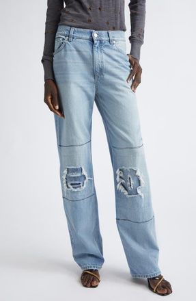 Stella McCartney Distressed Patched Straight Let Jeans in Mid Blue at Nordstrom, Size 30