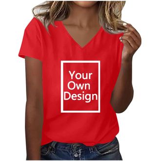 Generic Womens Custom T Shirt Personalised Photo Text Logo Print V Neck Short Sleeve Summer Tee Design Your Own Top Custom Photo Tee UK Red