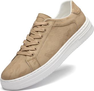Generic Mens Genuine Leather Fashion Sneakers Simple Low Top Round-Toe Lace Up Slip On Casual Shoes Comfortable Classic Tennis Shoes for Men (8.5,Beige)