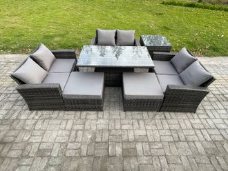 Fimous Wicker PE Rattan Garden Furniture Set Height Adjustable Rising Lifting Table Sofa Dining Set with 2 Big Footstool in Dark Grey