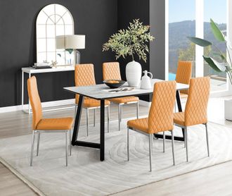Furniturebox Carson White Marble Effect Dining Table & 6 Milan Chrome Leg Chairs in Mustard