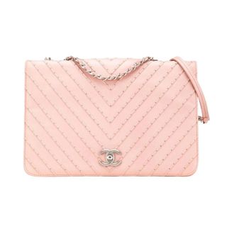 Chanel Pre-owned Chevron Calfskin Studded Full Flap Bag - Dames - Pre-owned - Roze - Maat: ONE Size Leer