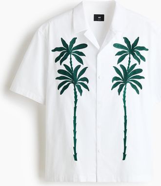 H&M Freizeithemd mit Motivstickereien in Relaxed Fit - Weiss/Palmen