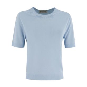 Ermanno Scervino Round-neck Knitwear, female, Blue, Size: M Floral Lace Knit Jersey Top