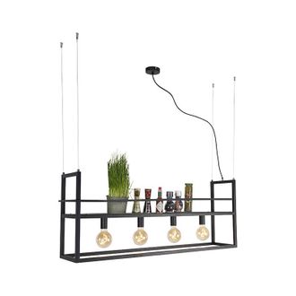 QAZQA Qazqa - Industrial Pendant Light Black with Large Shelf 4-Light - Cage Rack