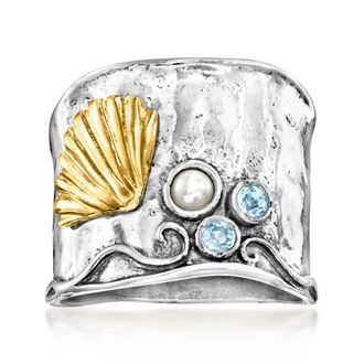 Ross-Simons 2.7-3mm Cultured Pearl and. Swiss Blue Topaz Seashell Ring in Sterling Silver and 18kt Gold Over Sterling