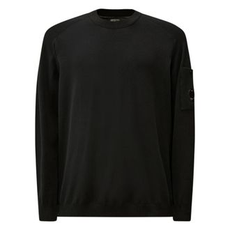 C.P. Company Round-neck Knitwear, male, Black, Size: XL Cotton Crepe Crewneck Lens Sweater