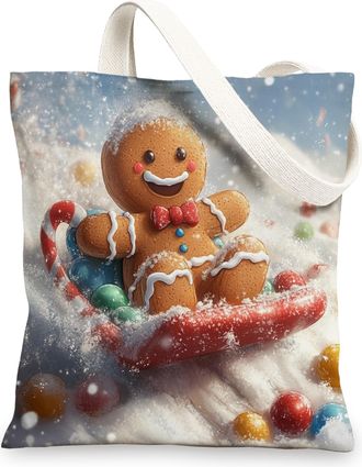 Generic Christmas Gingerbread man Canvas Tote Bag for Shopping 13x15, Fun Winter Xmas Snow Scenic Reusable Grocery Print Pattern Bag for Women, Holiday New Ye