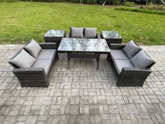 Fimous 6 Seater Wicker PE Rattan Garden Furniture Sets Outdoor Lounge Sofa Set with Oblong Dining Table Double Seat Sofa in Dark Grey