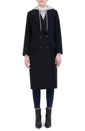Rebecca Minkoff Double Breasted Longline Coat with Jersey Hooded Bib in Black/Grey at Nordstrom Rack, Size X-Large