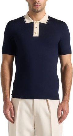 Mani&egrave;re De Voir Roux Contrast Detail Luxe Knit Polo Shirt in Navy at Nordstrom, Size Xx-Large