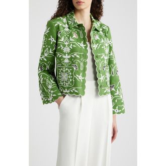 Elie Tahari The Marianna Cotton Eyelet Jacket in Green /Sky White at Nordstrom, Size X-Small