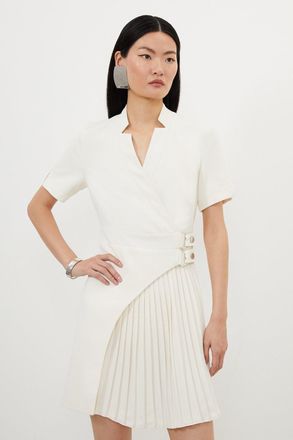 Karen Millen Womens Tailored Military Pleat Notch Neck Wrap Mini Dress - White - Size 12 UK