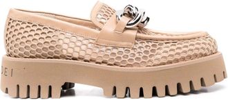 Casadei Beige Trappeur Honeycomb Pattern Silver Chain Loafers