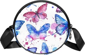 Generic Circle Crossbody Bag for Women, Hand Drawn Butterflies Small Sling Bag Daypack with Zipper Adjustable Shoulder Straps Casual Ladies Girls Round Purse