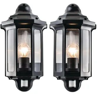Loops 2 PACK IP44 Outdoor Wall Light Satin Black PIR Half Lantern Traditional Porch