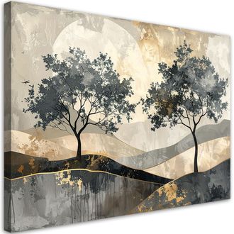 Feeby Cuadro En Lienzo, &Aacute;rboles Grunge Naturaleza Beige Y Dorado, 120x80