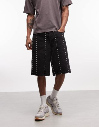 Liquor & Poker Jorts in denim lavaggio nero decorati con borchie