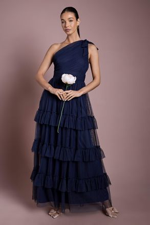 Oasis Womens Navy Pleated Mesh One Shoulder Tiered Maxi Bridesmaid Dress - Size 12 UK