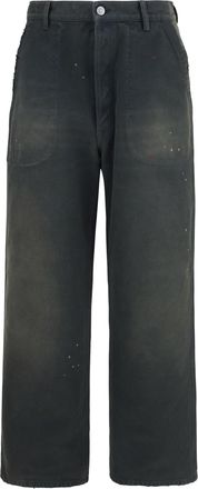 Maison Margiela Mens Pants Double-Dye Workwear Black-Spots Cotton Trousers Black/spots