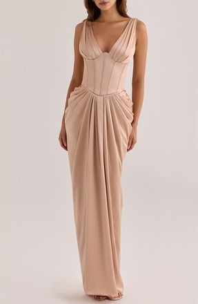 House of CB Angeline Satin Corset Gown in Champagne at Nordstrom, Size X-Large