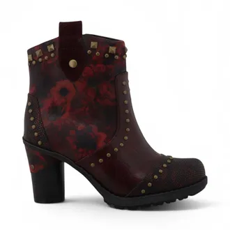 Mustang Jeans Mustang dames bordeauxrode bloemrijke enkellaarzen met hakken - M0162012