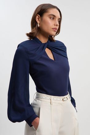 Karen Millen Womens Ponte And Georgette Mix Balloon Sleeve Cut Out Detail Top - Navy Viscose - Size X-Small